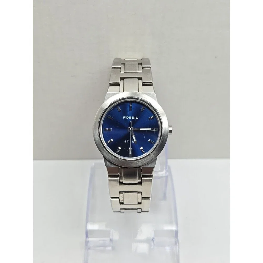 Fossil Steel FS2703 Womens Blue Dial Stainless Quartz Watch New Battery 50M WR